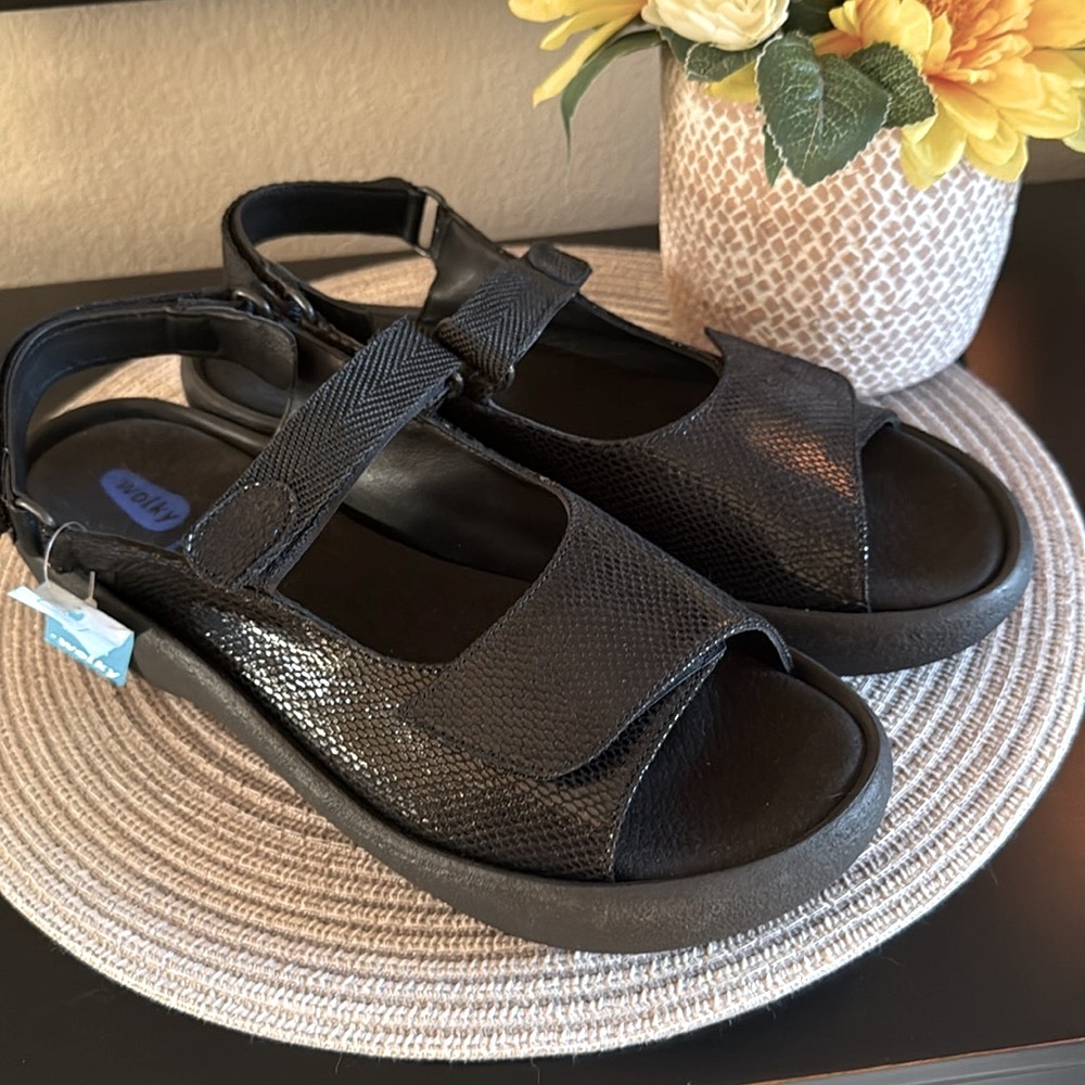 Wolky Black Textured Sandals with Adjustable Strap